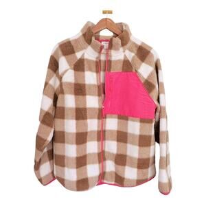 J Crew Tan Checkered Full Zip Sherpa Jacket with Pink Detail Medium